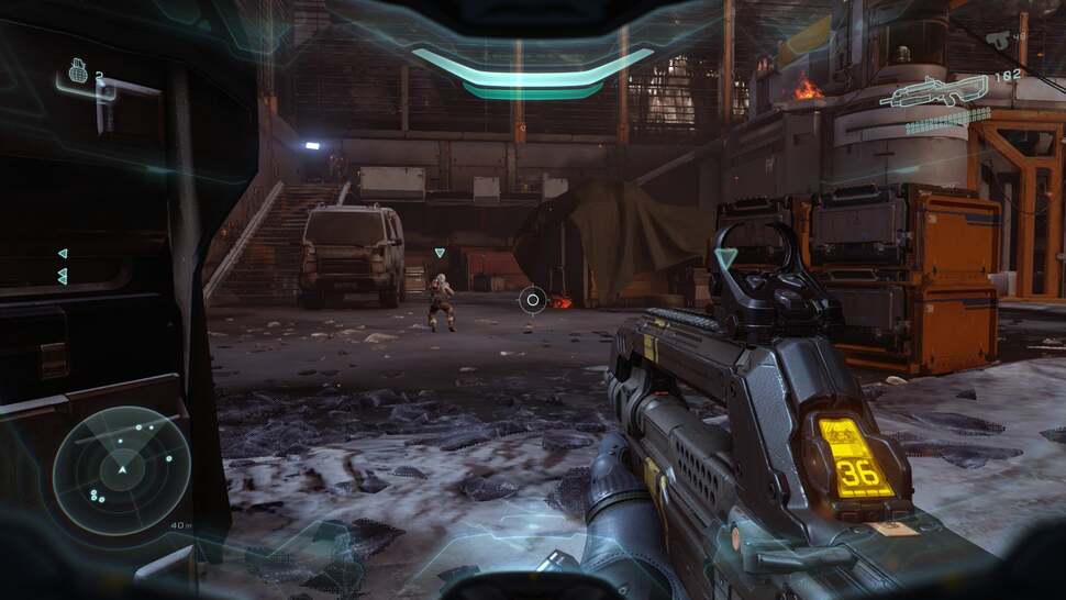 Dithering patterns are used to fade in debris just as in previous Halo games. In some instances, such as this, the distance seems much too limited