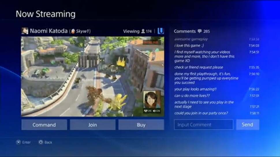 Sony wants to give gamers the tools to allow anyone to live-stream their own gameplay. The PS4's internal video and audio encoders allow gameplay to be compressed and transmitted over IP with no impact on CPU, GPU or RAM.