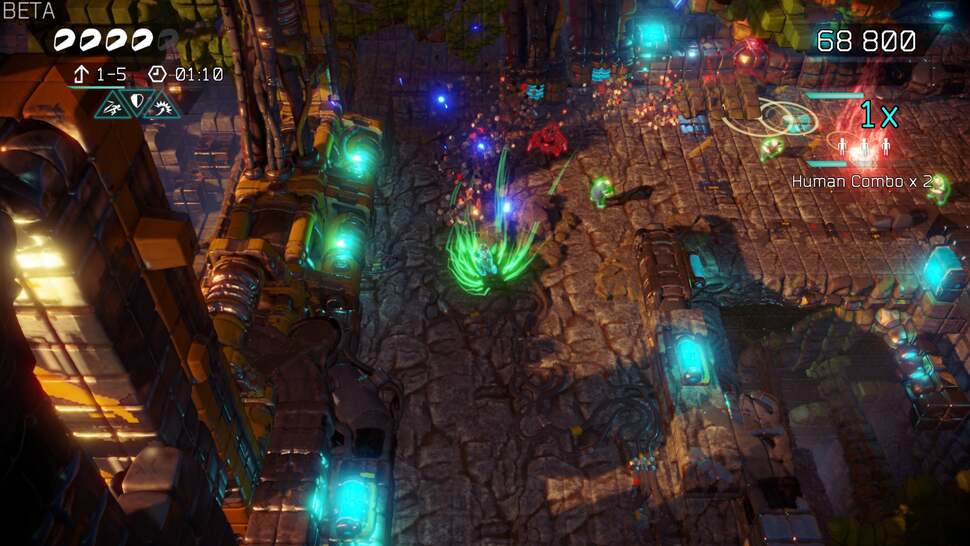 Nex Machina uses a combination of voxels and 3D geometry for the environments. This allows for an increased variety of detail across the game, from weathered brickwork to clean futuristic surfaces