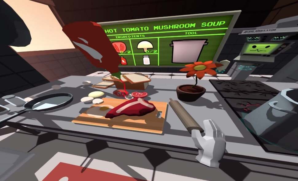 We got to play some real games. Owlchemy Lab's Job Simulator sees you making sandwiches and cooking food, rampaging around the kitchen to find ingredients.