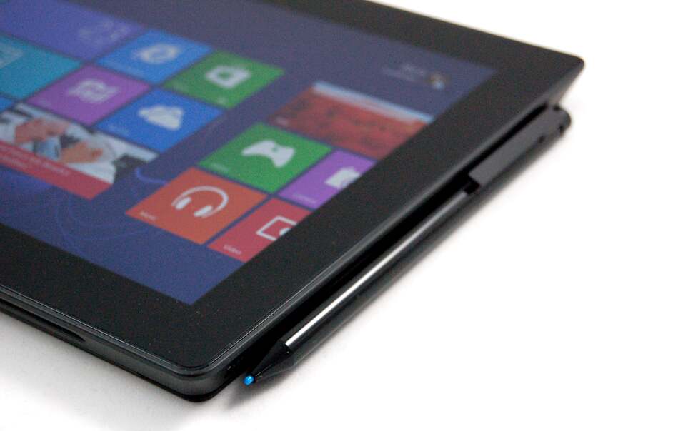 The stylus doesn't have anywhere to 'live' within Surface Pro. Instead it comes with a magnetic clasp that plugs into the power port. An OK solution but not completely ideal