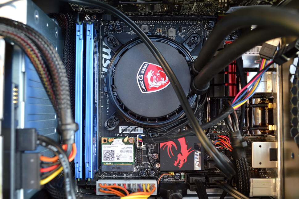 Another top-down shot of MSI's Z87I Gaming motherboard. Here we see the RAM blocks at the back are closely packed together, though the space still permits full-height modules with larger heatsinks