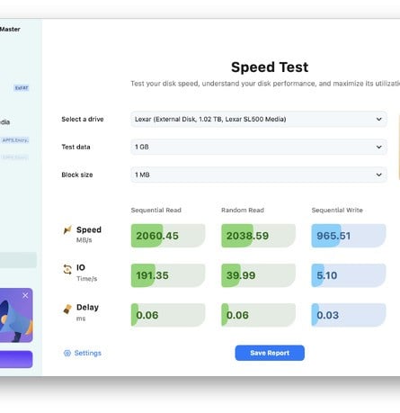 MacBook Pro tests: BlackMagicDesign, AmorphousDiskMark and Easeus Partition Manager speed tests. 