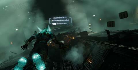 Various visual feature demonstrations: frustum-aligned voxel fog in zero-g, physically-based rendering for organic elements, physically-interactive spark particles, and beams of light interacting with glass surfaces.