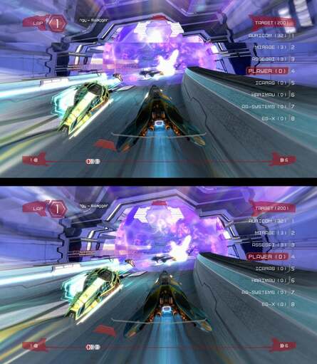 WipEout may be compromised in frame-rate, but the 3D effect is still potent. However, screen-tear only ever affects one eye at a time, leading to a somewhat jarring effect.