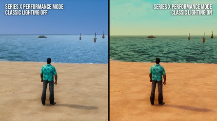 Vice City's sunny vibes are better preserved with the classic lighting mode engaged.
