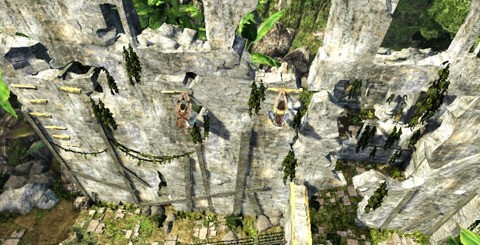 Four impressive vistas for your viewing pleasure. The skybox detailing the clouds and valleys that surround the jungle blends in nicely with the colour composition of the geometrical elements. Elsewhere, areas are densely packed with flora and ruinous structures, which in combination with too many enemies can result in poor performance.