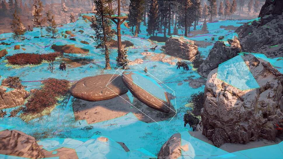 The blue areas highlight zones where NPCs and enemies can walk. This is a dynamic system which means the terrain can be altered and AI will path find its way around the new obstacles