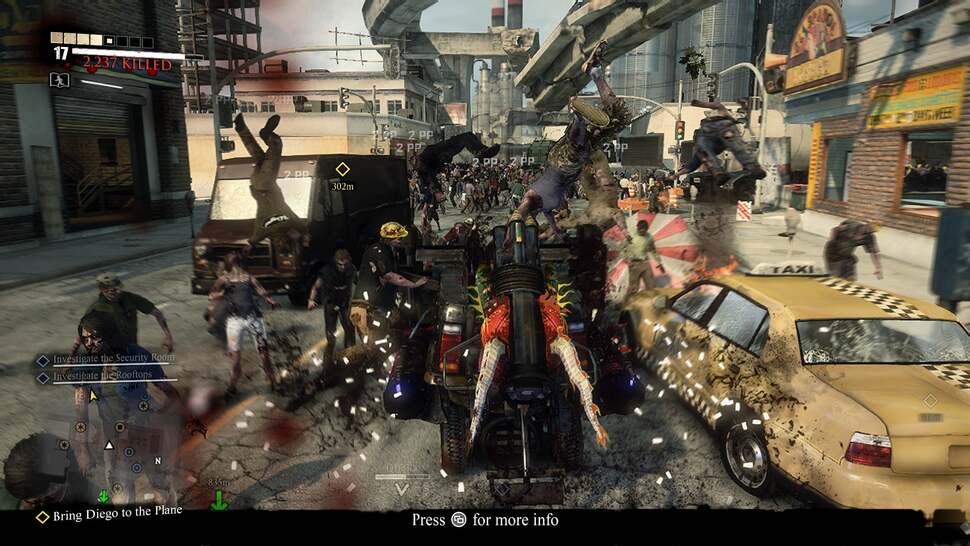 Havok physics are put to good use, with the game's vehicles crumpling on impact, zombies being sliced at different vertices, and a ragdoll dynamic as the undead clasp onto your speeding car