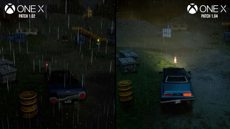 The rain effect is much improved. Rain appears much more transparent than before, and no longer renders behind water surfaces