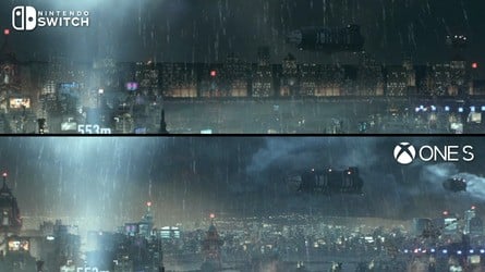 Looking at distant detail now, it's clear that texture resolution has been pared back substantially (left), with distant views of the city shown in the Xbox One version even being removed in favour of a row of geometrically simpler buildings (right).