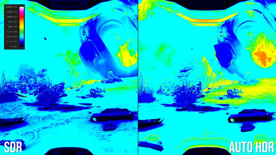 A heatmap of Halo 5 luminance, comparing the standard presentation with the machine learning-based auto HDR presentation. Note that many brighter elements map into HDR space on the right. Click directly on the image for higher resolution