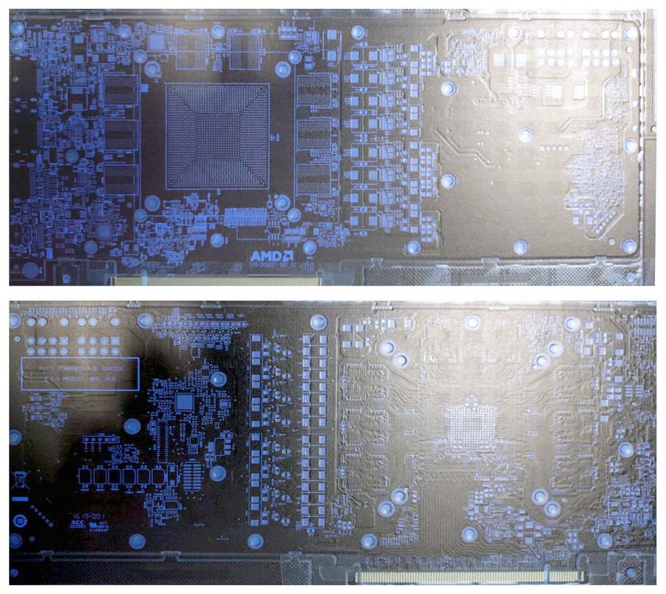 A look at the front and rear of the leaked AMD board, still in its blue protective wrapping. We've realigned the original images for greater clarity