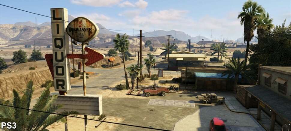 Right away there is a visible difference in texture quality once again. Notice how much sharper the bar sign appears as well as the surrounding landscape. The PS4 shot just appears livelier and more carefully crafted