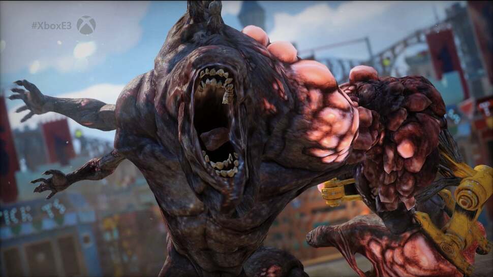 Larger creatures – such as this mid-level Herker boss – put the level's physics to the test by crashing through structures.