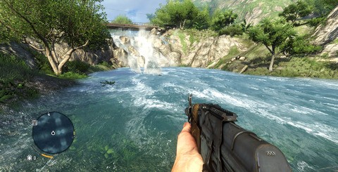 The PC version running at 1080p, with 4x MSAA and ultra quality post effects. The results can often be stunning, with higher resolution textures showing up on the tops to hang-gliders and the rusting decks of boats. Cranking the field of view slider up to 90, as shown here, also brings out a greater sense of scale around these environments.