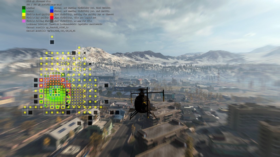 A debug view of Warzone in motion. On the bottom left, you can see the tile-based streaming system and a legend describing what's happening in system memory on a per-chunk basis