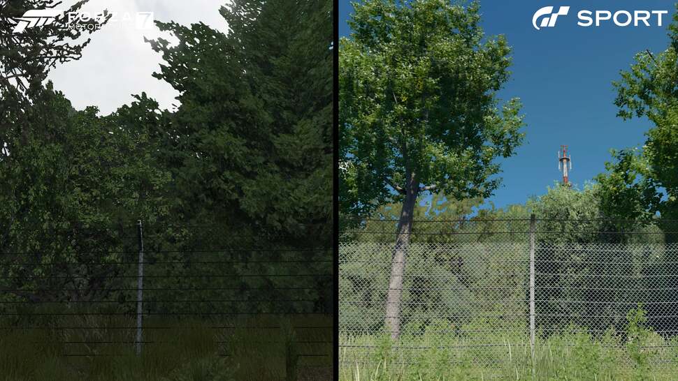Forza handles trees by placing two texture planes in a cross config designed to appear suitably stable during racing but it lacks light interaction. GT Sport uses a selection of flat billboards which always face the camera but can accept light and shadow