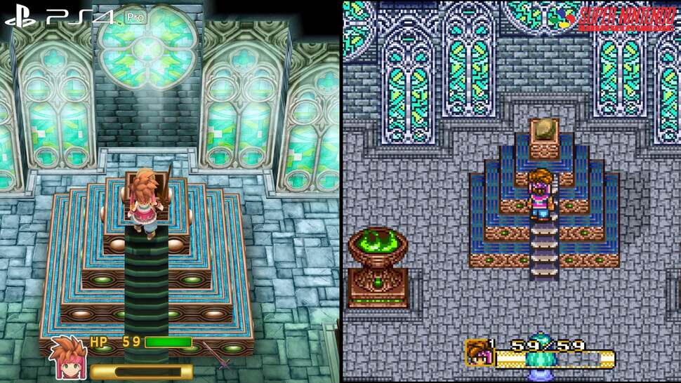 While stylistically different, the remake closely adheres to the original tile patterns - from the stained glass windows to the brickwork, right down to the blue lines of energy encircling the altar