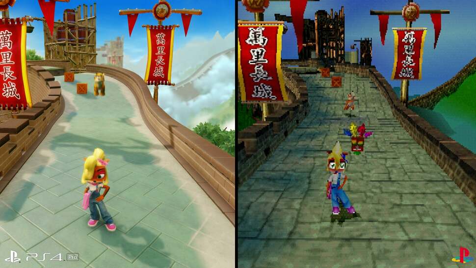 This stage showcases the addition of parallax occlusion maps - the bricks running along the wall exhibit proper depth and shading on PS4. Shadow maps are now used in place the original attempts at mimicking shadows we see on PlayStation 1