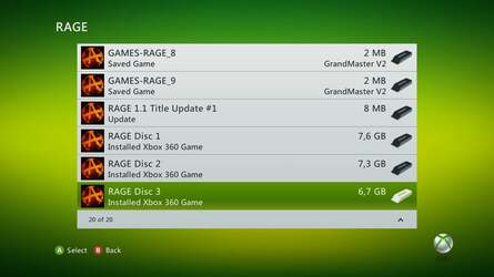Rage on Xbox 360 politely informs you that best performance is obtained by installing the discs to HDD (left). A full install (right) takes some time, but as each disc is self-contained, there's nothing to stop you installing and deinstalling as you need them.