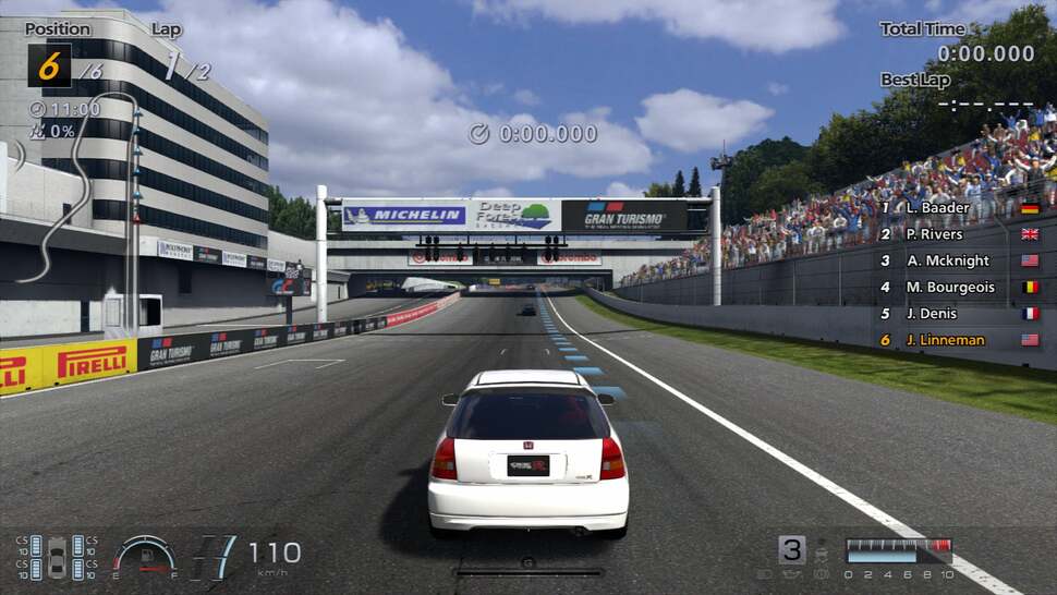 Crowds are comprised of relatively low resolution animated textures. Forza 5 was dinged for the use of static 2D crowds and, while the crowds in GT5 are generally of lower quality, the use of animation and occasional polygonal crowds do help add life to t