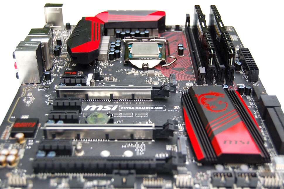 An overview shot of the MSI Z170A Gaming M5 motherboard, with CPU installed