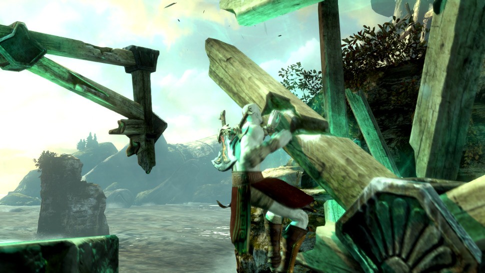 Lifecycle powers are used to reverse time and heal environments to specific points. Lighting from the resulting green aura plays naturally over Kratos' body as he climbs through the broken crane, blending smoothly with the other light sources