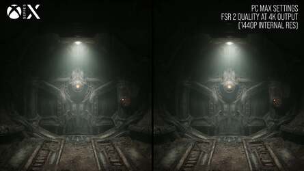 Xbox Series X presents nigh-on identically to the PC version running FSR 2 quality mode at 4K, while Series S on the right is a match for PC at 1080p with straight TAA. Click on the images for higher resolution versions.