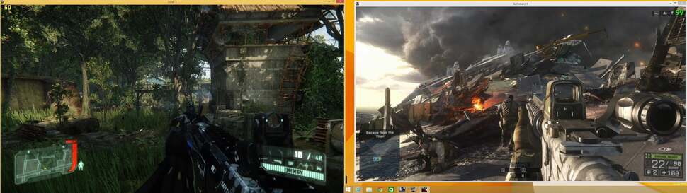 There's so much CPU power on tap with the 5960X that we could run Battlefield 4 and Crysis 3 simultaneously - one game running on a GTX 780 Ti, while the other ran on the Radeon R9 290X. Performance is actually degraded a bit as we're running in windowed mode on both in order to keep things manageable. We're using FRAPS and BF4's in-built frame-rate tools to monitor performance - click on the image for a higher resolution view.