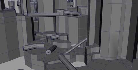 The initial block mesh work (top left) receives an artist draw-over, which is then reproduced in Maya (top right). After that, embellishing detail is added by the artists (bottom left) before we get the finished article from gameplay (bottom right).