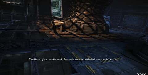 Fog-clipping (on the right, near the view weapon) and the fall-off of light into shadow are two examples of how some effects in PS3 Bulletstorm don't quite match the quality of the 360 equivalents.