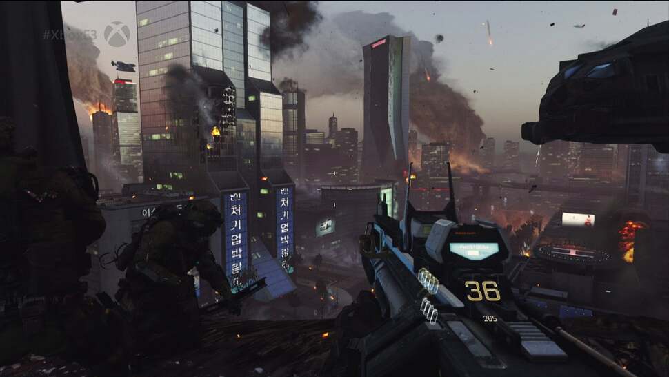 Advanced Warfare's E3 demo takes no time to deviate from the series' corridor-funneled levels, but the pyrotechnics in the background give a sense of the greater conflict