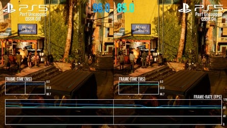In 60Hz performance mode with dynamic resolution scaling, QSSR delivers similar performance with much improved image quality, despite running at a lower internal resolution. Only in uncapped performance mode at 120Hz, can we ascertain the extra cost of QSSR at like-for-like resolutions.