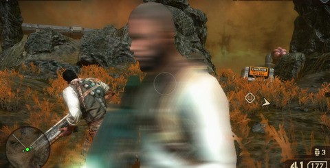 A curious set-up is present with regards to the game's use of alpha buffers, with some effects being rendered in lower resolution than others. Smoke and fire effects are obviously upscaled, while the foliage is not (top). The inclusion of camera and object motion blur delivers a cinematic feel to the presentation while enhancing the ferocity of the action.