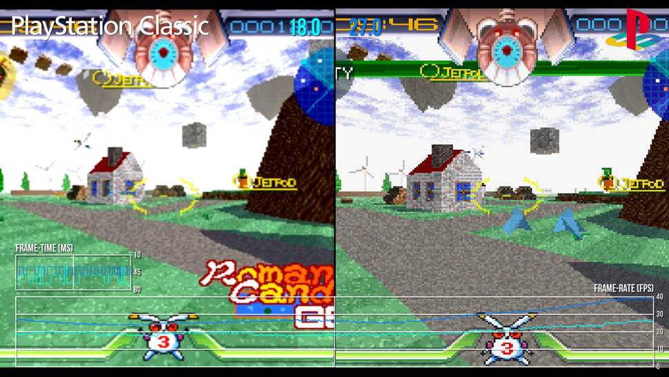 How an NTSC copy of Jumping Flash on original hardware runs compared to the output of the PlayStation Classic