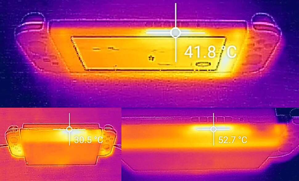 On top here, you can see the hottest part of the Switch when running in a stress test scenario across several minutes. On the bottom to the left, we have maximum temperatures of Switch docked and running idle, while on the right we have our maximum measurement - docked and running our stress test.