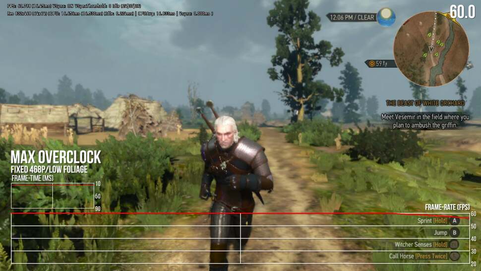 The Witcher 3 hits 60fps on Switch, thanks to a full overclock and dropping to a fixed 468P. It's best shown in the White Orchard, though big city areas struggle to rise much higher than 30fps