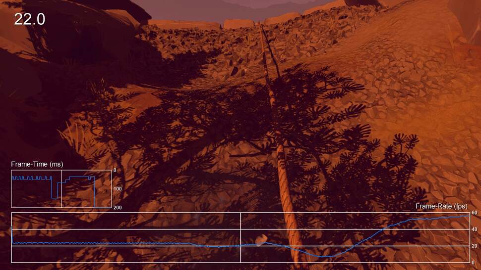 Ever-changing levels of performance along with prolonged stutters can seriously impact the quality of the Firewatch experience. Check out the frame-time stutters in this shot.