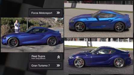 Both Supras have the same colour set in their respective games, but they come across quite differently - though more so in deep blue metallic paint than in red.