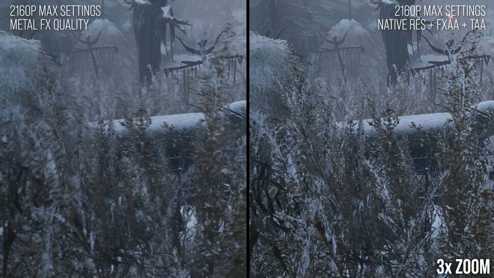 Vegetation has a smearing effect here - a common reprojection artefact. Native resolution rendering looks much better in this regard