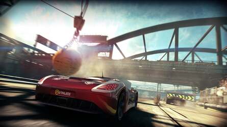 Split/Second's level one Power Plays in action. Track-based scenery is detonated in order to damage or destroy your opponents. This is the game's unique selling point and also the element causing the main technical challenges to David Jefferies and his team.