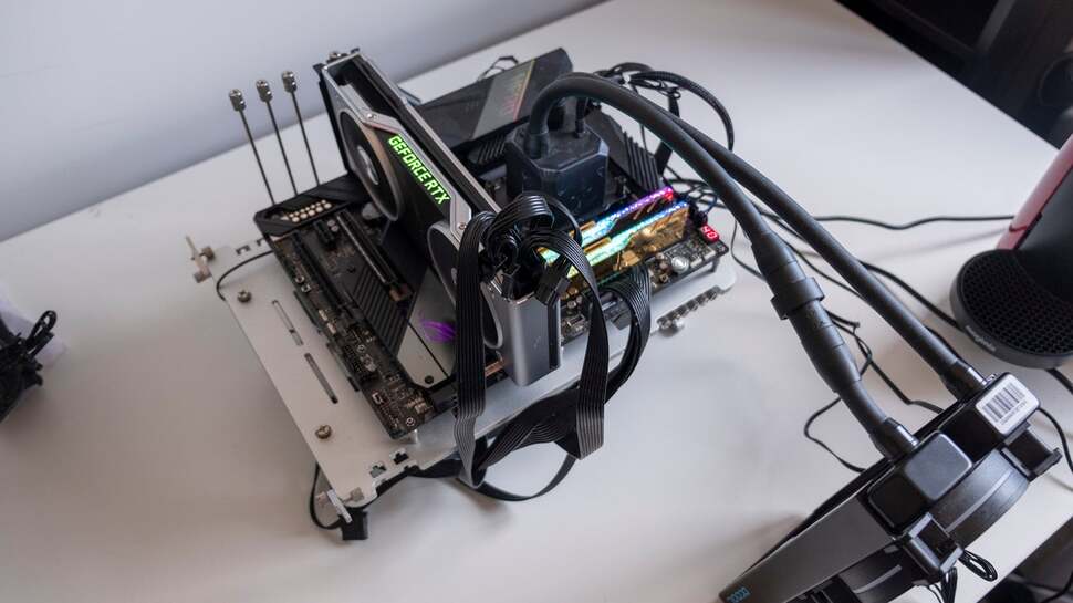 Our test setup for our AMD processors, running on the Asus ROG Crosshair 8 Hero