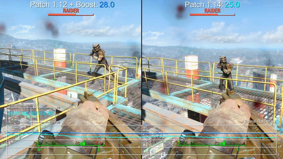 Boost mode is off the table if you've already patched Fallout 4, and obviously you need the 4.50 system software too. But for those looking for an experience closer to a locked 30fps, it is the best option. Here we see boost mode outperforming the official Pro patch, though obviously Pro's visual improvements are not active.