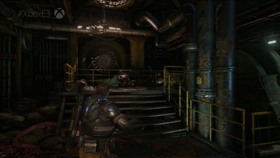 Environment detail is greatly increased even in smaller indoor sections - note the fine details along the railing and the rusted pipes filling the room.