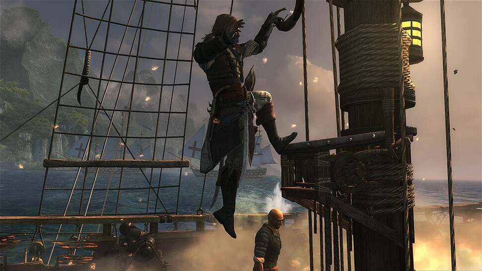 This is a cross-gen game, with all the expected caveats. It's clear some assets have a grounding in the needs of current-gen limitations, such as the rather hexagonal-looking mast here, with the angular rope-work surrounding it