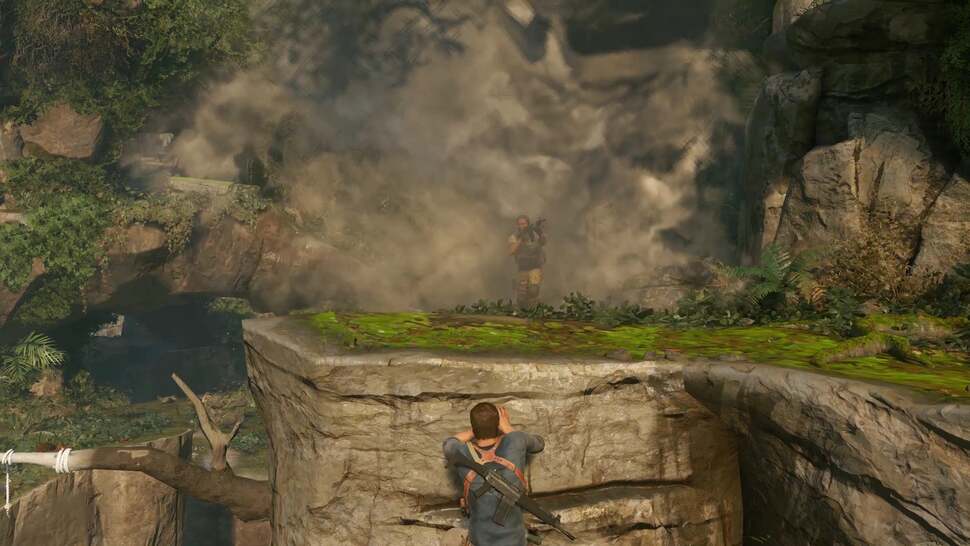 Particle shadows? It sure seems as if the nearby tree shadows are interacting with this dust cloud. Unfortunately, this shot also highlights some of the issues with the game's rock structures with some hard edges stealing a bit of realism from the scene