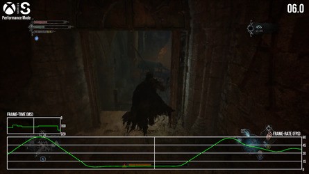 Even after several patches, performance hang-ups below 10fps are still very possible on Series S (left) - and even kick in during a brand new character run. As for Series X (right) we've had similar issues, with a sustained reading of 1fps while moving between major areas. Meanwhile PS5 has so far been unaffected by these sub-10fps lurches in our extended tests - based on the same method of using a fresh character - though it does feature hitching at points.