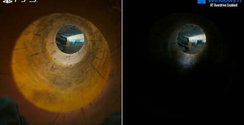 There are a fair few differences visible between the PS5 and PC RT Overdrive footage, most notable of which is the path traced shadows lining interiors.