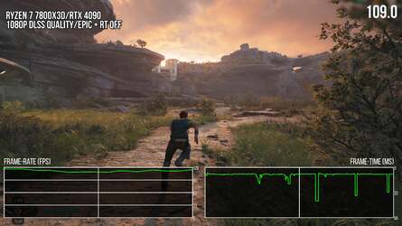 A tale of two frame-rates from Star Wars Jedi: Survivor. On the left there are some instabilities in frame-time - but VRR can take care of that. On the right, despite frame-rate seemingly remaining in the VRR window, frame-times in the 30ms to 40ms range see those frames presenting as obvious stutter.